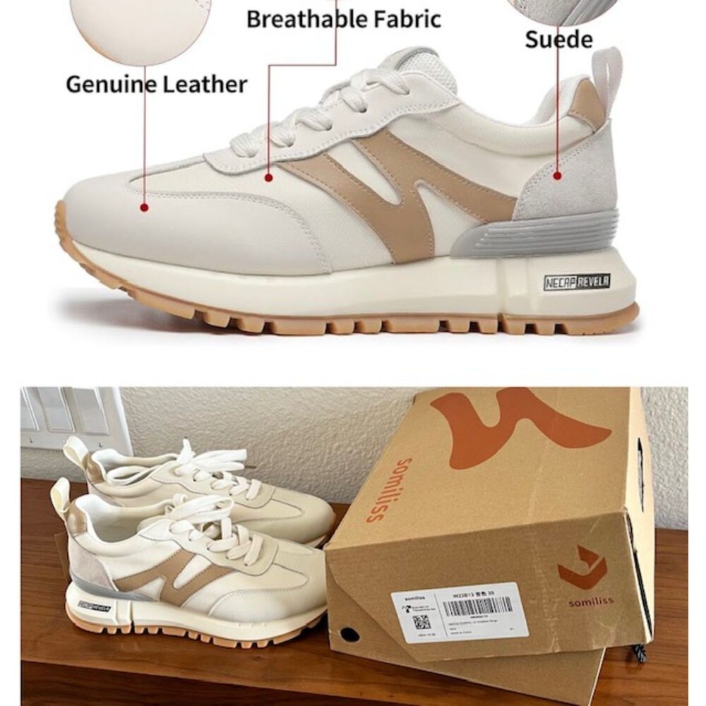 NWT   SZ 39 US 8 - 8.5 M SOMILISS On Sneaker Beige Cream Leather / Suede Trim